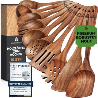 Kochlöffel Holz Set - Holzkochlöffel 10 Stück aus Teakholz - Holzlöffel, Pfannenwender Holz und weitere Kochbesteck Set - Natürlich & Perfekt für Antihaft. Leicht & Hitzebeständig Küchenutensilien