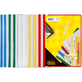 IDENA 307863 - Schnellhefter A5, aus Kunststoff, 10 Stück, 5 Farben, 2 x blau/weiß/gelb/grün/rot (DIN A5 | 10 Stück, sortiert)