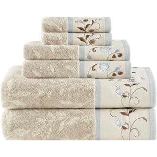 Madison Park Serene Badetuch-Set aus 100% Baumwolle, luxuriöses Blumenmuster, dekorative Handtücher für Badezimmer, Besticktes Baumwoll-Jacquard-Design, weich, sehr saugfähig, für Dusche, 600 g/m2,