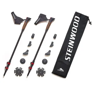 Steinwood Premium 100% Carbon Nordic Walking Stöcke verstellbar mit Teleskop und Klemmverschluss mit extra Gummipuffer und Tragebeutel, Mehrfarbig
