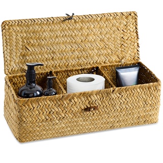 Esoes Aufbewahrungskorb aus geflochtenem Rattan, mit Deckel, Seegras, Wäschekörbe, Make-up-Organizer für Badezimmer, Wohnzimmer, Küche (drei Abschnitte)