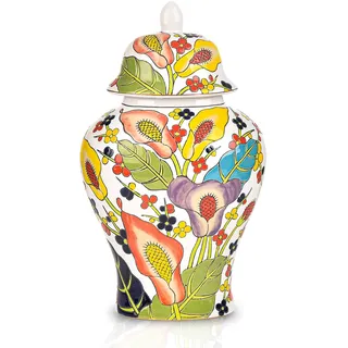 Sungmor Dekoratives Ingwerglas aus Keramik mit Deckel, florales Muster, Porzellan-Tempel-Vorratsglas, 35,6 cm, handbemalte Keramik-Blumenvase für Tafelaufsatz, weiß glasierte Vase für