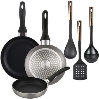 Well Home 3-teiliges Pfannen-Set, Ø 16 x 20 x 24 cm, aus gepresstem Aluminium in Grau-Metallic + 3-teiliges Küchenutensilien-Set aus PBT, Schwarz und Kupfer