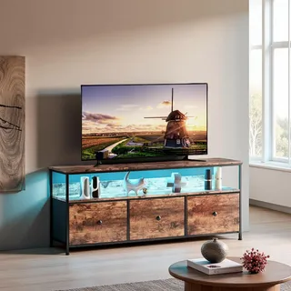 ProximaX TV Lowboard 108 cm mit RGB LED, Fernsehtisch Industrial Stil, TV-Schrank mit 3 Schubladen, klein & platzsparend, Eiche-Optik - Schwarz