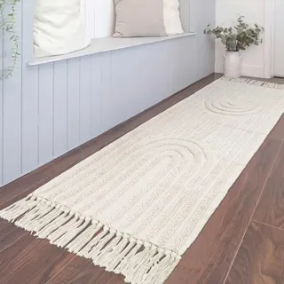 INKAROBOX Boho-Badezimmerteppiche, böhmischer Küchenläufer, Bauernhaus-Eingangsteppich aus Baumwolle für Schlafzimmer/Waschküche, gewebter Teppich. (Beige Rainbow, 60 x 180 cm)