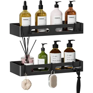 Duschablage ohne Bohren, Rostfreie Duschregal,Großer Kapazität,Schwarz | 2 Stück Badezimmer Organizer,Klebe- oder Bohrmontagen, Shampoo Halterung für Dusche,Badregal mit 8 Haken,Hält 5 kg
