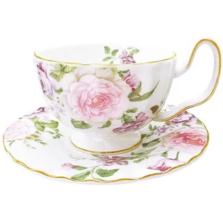 fanquare Rosa Pfingstrose Floral Tasse und Untertasse Set von 1, Kaffeetassen Keramik 200ml Vintage Nachmittagstee Tasse Geschenke für Frauen