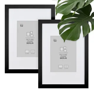 Blumtal – 2er Set Bilderrahmen 21x30 cm, hochwertiger Fotorahmen Berlin aus Holz mit Passepartout, zum Aufhängen und Aufstellen, schwarz