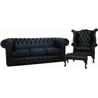 Sofagarnitur Chesterfield Polster Couch Sofa Leder Sitz Garnitur Ohrensessel - Schwarz