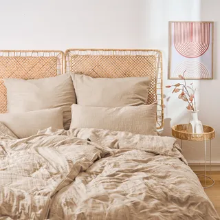 Blumtal Musselin Bettwäsche 135x200 cm im 4er Set - 2x Bettbezug 135 x 200 + 2x Kissenbezug 80x80 Taupe - Taupe