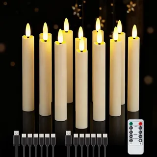 IMAGE 12 Stück flammenlose Stabkerzen mit Fernbedienung, wiederaufladbare 3D-Docht-LED-Kerzen in Elfenbein mit Timer, Maße: 15,8 cm x 2 cm, für Zuhause, Hochzeit, Weihnachten, Geburtstag, warmweiß