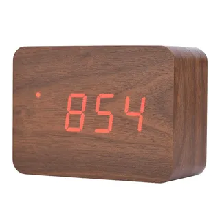 LED-Holzwecker, Weckfunktion/Sprachsteuerung und Dauerlichtmodus/Digitales Schreibtischthermometer Klassischer Timer, Digitaler Wecker (Braunes Holz + rotes Licht)
