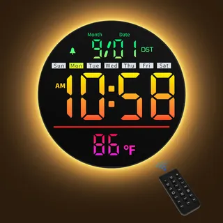 Maxstar 8’’ Digitale Wanduhr mit Nachtlicht, Alarm, 11 RGB-Farben, Temperaturanzeige, Sekunden, 5-stufige Helligkeit, Datum & Wochentag, Moderne elektrische LED Wanduhr für Schlafzimmer und Wohnzimmer