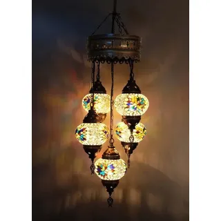 5-globige türkische Hängelampe, orientalische Kronleuchter mit Mosaikglas, handgefertigt, warmes Licht - Bunt