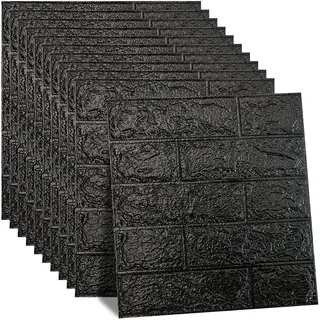 Hyesrtey 10 Stück 3D Wandpaneele Selbstklebend Tapete Ziegel Steinoptik, Wanddekoration,Wandaufkleber, Wasserdicht Wandtapete für Küche, Schlafzimmer, Badezimmer, Wohnzimmer (35cm * 38.5cm, Schwarz)