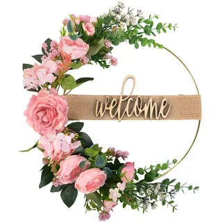 LEIMEND Türkranz Frühling Blumenkranz Deko Willkommensschild Haustür Türdeko Haustür Rose Türkranz Willkommen Türschmuck Metallring 30cm Dekokranz ganzjährig Geschenkidee Tür Wand Hochzeit Heimdeko