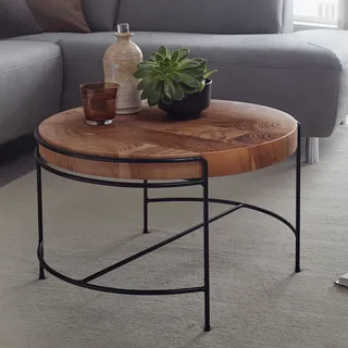 FineBuy Couchtisch Akazie Massivholz rund 62 cm mit Metallgestell · Wohnzimmertisch im Baumscheiben Design · Handgefertigt · Industrial & Natur Look - Braun