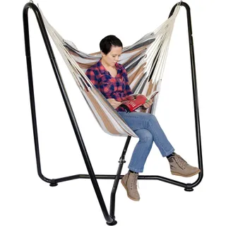 AMANKA Hängestuhlgestell Hängesessel-Metallstand 155cm Schwarz inkl. Hängestuhl Braun gestreift - Schwarz, Braun