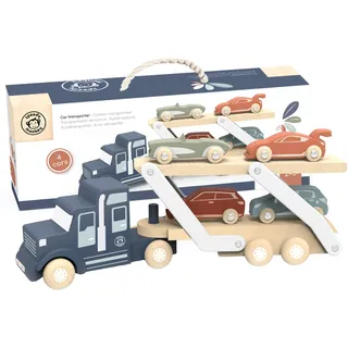 SPEEDY MONKEY 691013 Autotransporter blau, Holz-LKW mit Vier Holzautos für Kinder ab 18 Monaten, liebevolle Details