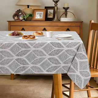 hometrixx Rechteckige Tischdecke 140x180 cm, Landhausstil Tischtuch aus Baumwolle-Leinen-Mix mit Grau Geometrisches Muster für Esstisch Küche Garten