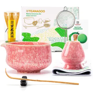TEANAGOO Matcha-Schneebesen-Set, 7-teilig, rosa für die Herstellung von Latte, Keramikschale (Chawan) mit Ausguss und Schneebesen, Geschenk für Freunde/Familie