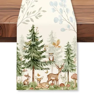 WADORN Tischläufer Mit Waldmotiv Hirsch Hase, Tischläufer Mit Niedlichem Waldtier 33x183cm Dekoration Küche Esstisch Frühling Sommer Saison Bauernhaus Urlaub Für Zuhause Party Rustikale Hütte Drinnen