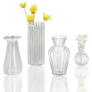 MIUPOO Sehr Kleine Vase,Mini Kleine Glasvasen Blumenvasen Mini Vasen Set für Tischdeko Tafelaufsätze Hochzeitsdeko Wohnzimmer Couchtisch Badezimmer,5cm,4 Stück Gestreifte Vasen