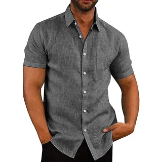 Coofandy, Herren-Freizeithemd mit Knopfleiste, Kurzarm-Leinenhemd für Sommer, Strand und Freizeit-Outfits