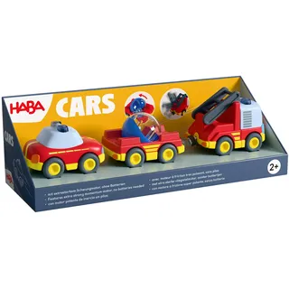 HABA Cars Feuerwehr-Spielset: 2 Spielzeugautos mit Schwungmotor & Leiter, Anhänger mit Wasser-Kugel, Magnet-Kupplung, Lernspielzeug für Kleinkinder ab 2 Jahren – 2013816001