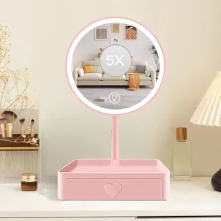 Cuteefun Schminkspiegel mit Beleuchtung, 5X VergrößErungsspiegel, Rosa | Tischspiegel mit Schublade, 3 Farben Dimmbar, USB Aufladbar, LED Kosmetikspiegel für Schlafzimmer, Waschtisch, Badezimmer