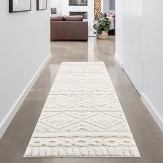 Carpet City Teppich Wohnzimmer Hochflor Creme - Läufer 80x300 cm - Rauten Hochtief-Muster, 3D-Effekt - Bettvorleger Schlafzimmer Teppiche Boho, Skandi