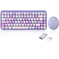 Perixx PERIDUO-713 Kabellose Mini-Tastatur und Maus, 2,4 GHz, abgerundete Retro-Tasten, Violett, AZERTY