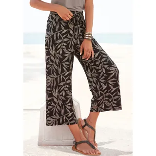 Culotte LASCANA "mit bequemen Bund und weiten Beinen", Damen, Gr. 34, N-Gr, schwarz (schwarz, sand bedruckt), Jersey, Obermaterial: 95% Viskose, 5% Elasthan, bedruckt, figurumspielend 7/8-Länge, Hosen Culotte, mit Blätterdruck, luftige Sommerhose in 7/8-Länge, Strandhose, Topseller