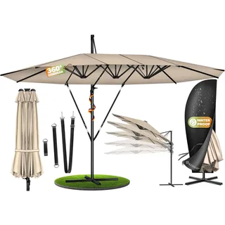 KESSER® Sonnenschirm Doppelsonnenschirm 4,6m x 2,7m | Ampelschirm Abdeckung & Windsicherung mit Kurbel & Ständer | Kurbelschirm Aluminium wasserabweisend | Neigbar Kippbar 360° Drehbar - Beige