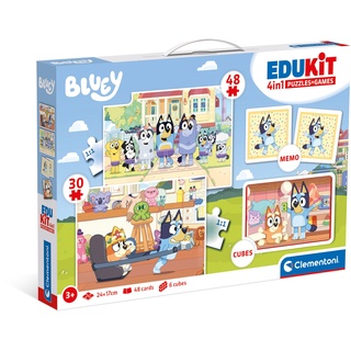 CLEMENTONI Edukit 4 in 1 Bluey (Memo, Puzzle 30 und 48 Stücke, 6 Würfel) - pädagogische Spiele für Kinder - Memory und Logik-Spiel 18320