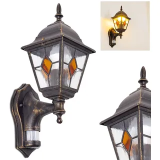 HOFSTEIN Außenwandleuchte Antibes mit Bewegungsmelder, Außenwandlampe aus Metall/Glas in Braun/Gold/Klar/Orange, Retro Wandleuchte Up außen in antikem Look, E27, IP44, Hof, Terrasse, Haustüre