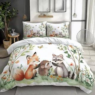 CozyRest Bettwäsche Set 100 x 135 cm Waldtiere Bettbezug 2 teilig Weich Mikrofaser Bettwaren, Aquarell Wald Bettwäsche-Set für Kinder ReißVerschluss Mit 1 Kissenbezug 40x60 cm