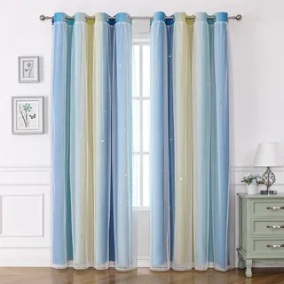 Freyamy Gardinen Blau Beige Weiß Glänzend Sterne Vorhänge Blickdicht Kinderzimmer Halbtransparent H 210 X B 132cm Ösenvorhang 2er Set Mädchen Kindervorhänge Gardinen Verdunkelungsvorhang Wohnzimmer