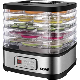 yashe GGJ-261B Dörrautomat mit LED-Display, Temperaturregelung 35-70°C & 72-Stunden-Timer, 5 höhenverstellbaren Tabletts, Dörrgerät für Obst und Gemüse, 240 Watt, BPA-frei