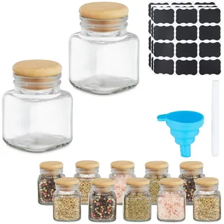 Relaxdays Gewürzgläser 12er Set, Gewürzdosen, 100 ml, mit Etiketten, Stift & Trichter, Glas & Bambus, transparent/natur