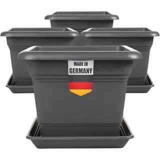 SUSTANIA 4er Set Blumentopf Gross mit Untersetzer 28x28 cm eckig, 16 Liter, Pflanzkübel Groß aussen, Tomaten Kübel Blumenkübel Pflanztopf, Made in Germany, Anthrazit