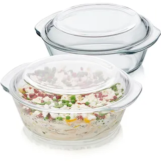 KHG Auflaufformen Glas mit Deckel 2er-Set 2 L, vielseitig einsetzbar | Rund für kalte & warme Speisen, spülmaschinenfest, mikrowellengeeignet, Glasbräter Glasform Backform, 26x11x23 cm