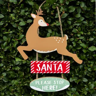 Talking Tables 1 Stück Hänge-Holzschild Santa Stop Here mit Rudolph Rentier Design für wiederverwendbare Weihnachtsdekoration Kinder 30 cm Maße