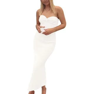 Sdencin Y2K Damen Sexy Twist Knoten Front Rippstrick Bodycon Bandeau Tube Kleid Casual Solide Trägerloses Maxi Langes Kleid, Weiss/opulenter Garten, Klein