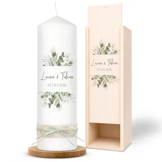AMARI ® Hochzeitskerze personalisiert Pflanzwelt 25/8 cm - mit Namen & Datum – Elegante Traukerze für Hochzeit & Standesamt – Individuelles Geschenk zur Trauung