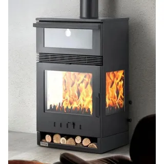 Kaminofen mit Backfach Panoramakamin Dreiseitig Glas 3 Scheiben Teba TKS 15 Verglast 3 Seiten Holzofen 12,8 kW Kamin Ofen Holz Holzherd Küchenofen - Schwarz