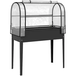 Outsunny Hochbeet mit Gewächshausabdeckung aus Kunststoff Metall Schwarz , 97 L , 49x136x100 cm , Gartenzubehör, Hochbeete
