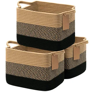 TIMEYARD Aufbewahrungskorb, 3er-Pack Kleine Wäschekörbe, Aufbewahrungskorb für Spielzeug, Handtücher, Decken, Seilkörbe für Regale, Schlafzimmer, Wohnzimmer, 33 x 25 x 23 cm, Schwarze Jute
