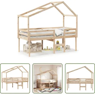 The Living Store Hochbett mit Dach 90x190 cm Massivholz Kiefer - Braun