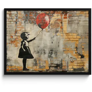 MuchoWow Poster MIT Rahmen Graffiti - Banksy - Mädchen - Straßenkunst 80x60 cm , Sandfarben , Papier , Rechteckig , 80x60 cm , gerahmt , Bilder & Rahmen, Bilder